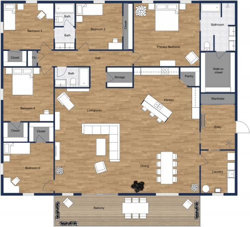 5 Bedroom 3 Bathroom Apartment Plan