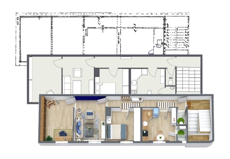 A floor plan going from sketch, to 2d floor plan, to a finished 3d floor plan.