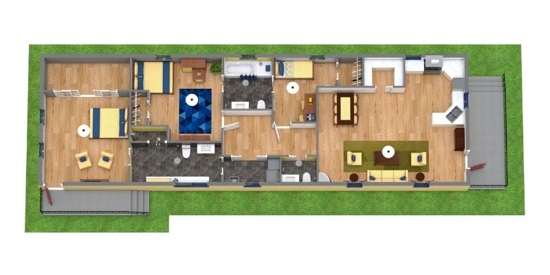 3 bedroom shotgun house 3D floor plan