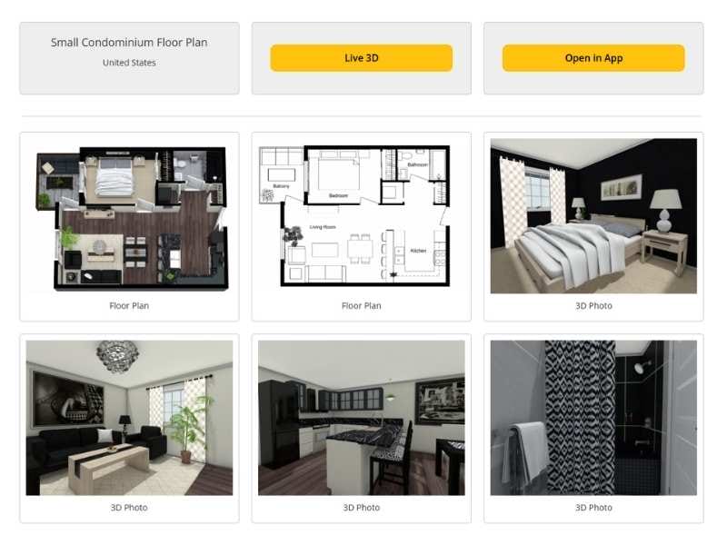 RoomSketcher’s online project presentation displaying a house with 2D and 3D floor plans and 3D images, as shown in the portfolio interface.