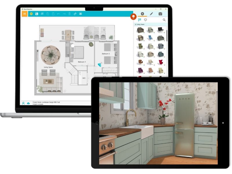The RoomSketcher software on a laptop next to a 3D rendering on a tablet.