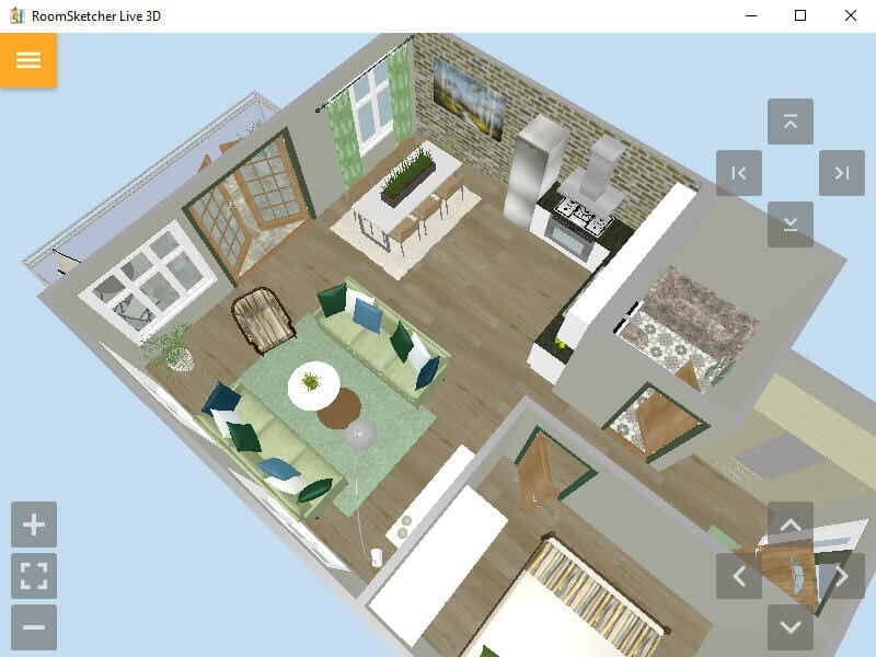 Live 3D flyover view of an apartment, showing an interactive aerial perspective of the floor plan layout.