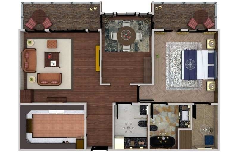 Floor plan of a large house with two balconies