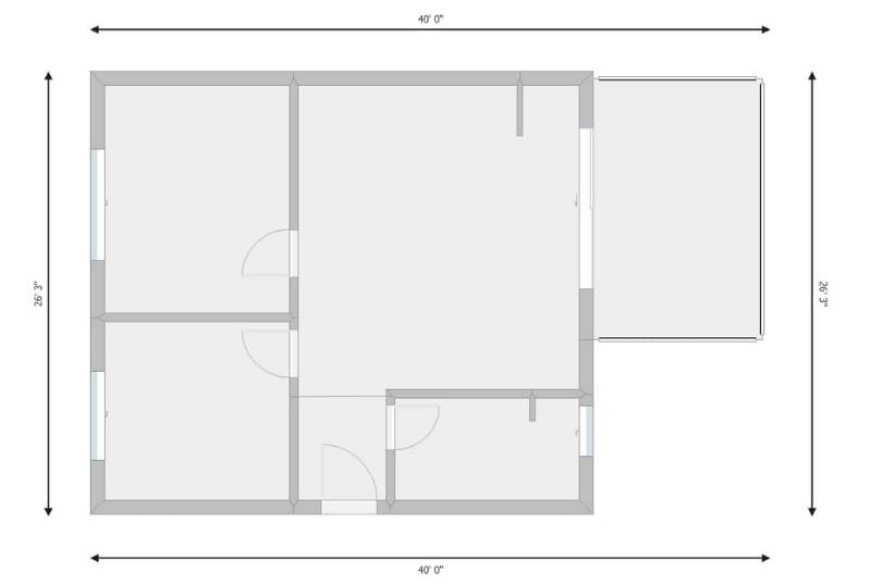 Floor plan displaying exterior dimensions for each side of the building, with labeled measurements indicating length.