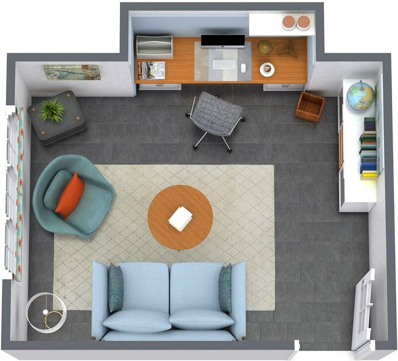Versatile home office space designed with adaptable furniture and smart storage solutions, featuring a multi-purpose work area.