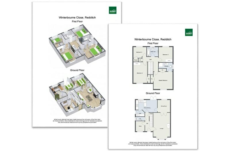 Letterhead featuring a company logo, 2D and 3D floor plans, and disclaimer text.