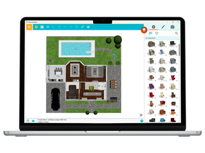 RoomSketcher site plan software open on a laptop screen, showing a detailed property layout with buildings, landscaping, and outdoor elements.