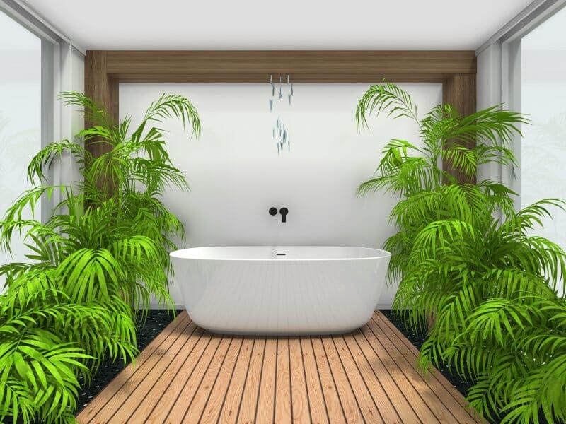 3D bathroom rendering featuring a bathtub, a tropical rainfall shower, and lush green plants placed beside the shower area.