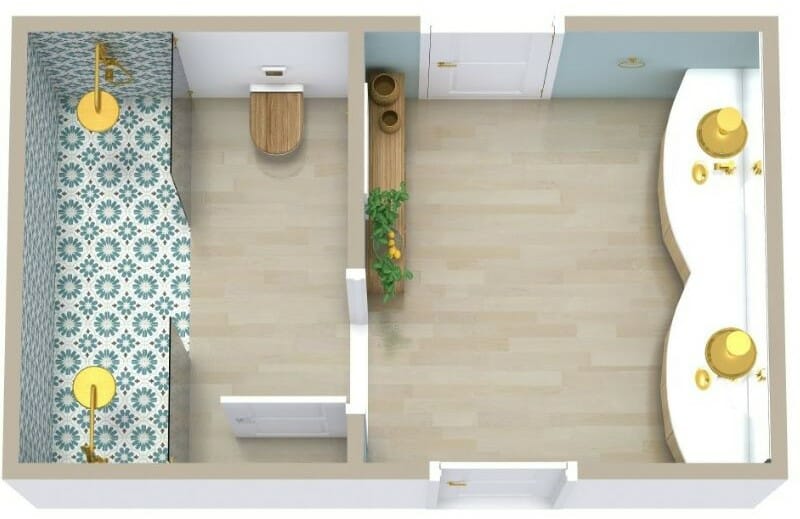 Jack & Jill 3D floor plan with separate showers and separate sinks.