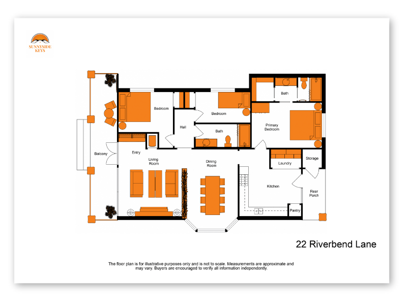 Sunnyside Keys floor plan letterhead in 2D with orange details, disclaimer text, and logo.